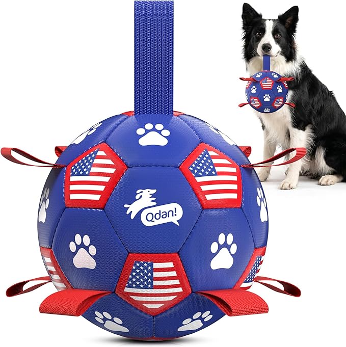 QDAN Dog Toys, Soccer Ball with Straps, Durable Dog Balls for Small Medium, Beach Pool Dog Water Toy (6 Inch)