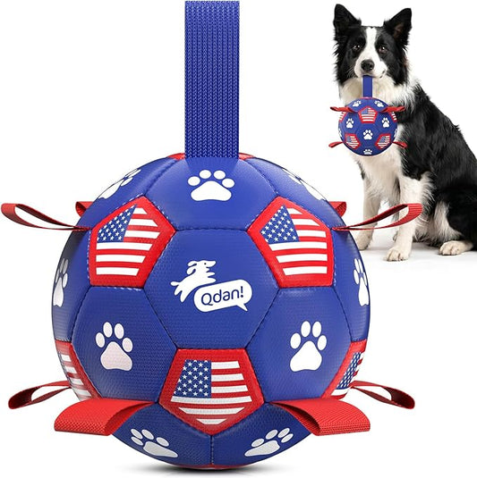 QDAN Dog Toys, Soccer Ball with Straps, Durable Dog Balls for Small Medium, Beach Pool Dog Water Toy (6 Inch)