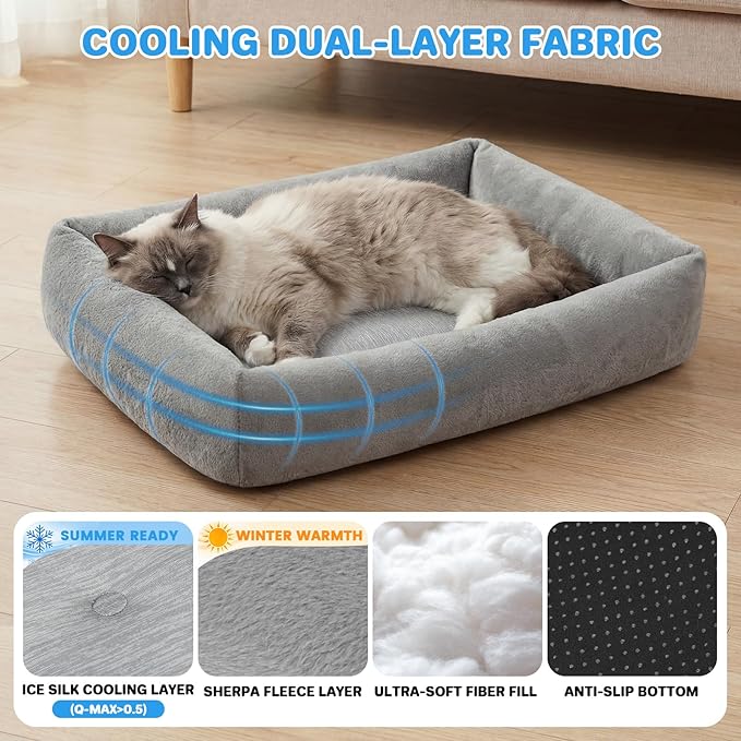 Cooling Cat Bed for Small Medium Cats - Removable Inner Cushion & Reversible Design (Ice‑Silk Cooling Layer | Sherpa Fleece Layer), Non‑Slip Bottom Washable Cooling Mat for Cats, Crates 20" × 14"