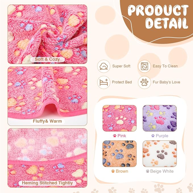 Tatuo 4 Pack Fleece Dog Blankets for Puppy Cats Multi-Size Sleep Mat for Pet Guinea Pig Soft Washable Warm Crate Bed Puppy Teething Toys Print Pattern Blanket Indoor(Mixed Color,Diameter 29 Inch,Paw)