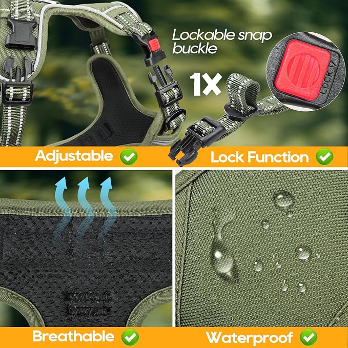 Timos Dog Harness Medium Sized, No Pull Pet Harness with Neck Lockable Snap,No Choke Front Clip Dog Reflective Vest,Adjustable Metal Rings 3 Buckles,Easy Control Handle for Medium Dogs Green M