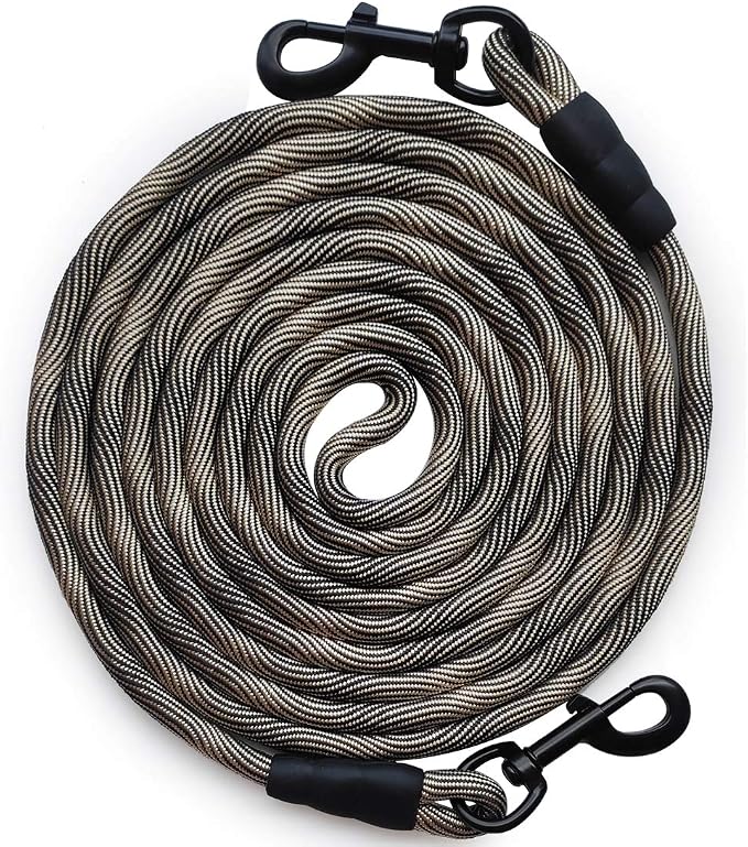 BTINESFUL Tie-Out Check Cord Long Rope Dog Tether, 8ft 12ft 20ft 30ft 50ft Dog Lead for Yard, Large Medium Dogs Oudoor Training, Playing, Camping, or Backyard (30ft, Beige Black)