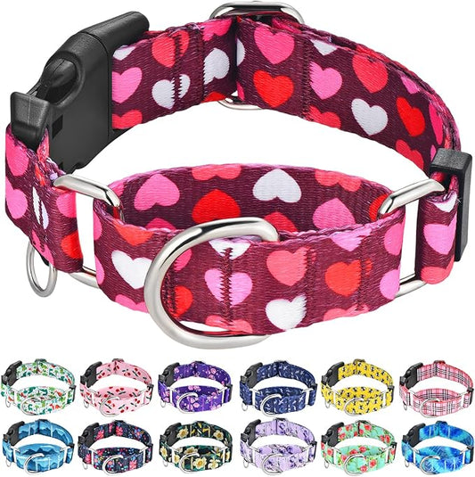Pink Martingale Collar for Dogs with Buckle Adjustable Heart Valentines Dog Collars (Burgundy Love, Medium)