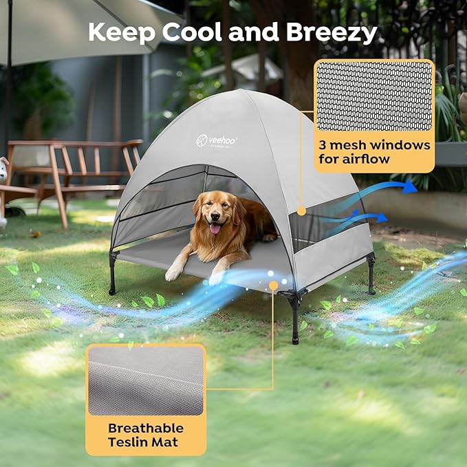 Veehoo Outdoor Dog Bed with Canopy, Portable Elevated Dog Bed with Sun Protection Shade Tent, Removable, Cooling Raised Dog Cot for Camping, Beach, 42 inches, Grey