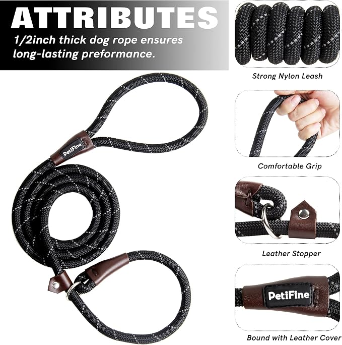 PetiFine Slip Lead Dog Leash - 6FT x 1/2" Reflective Durable Training Rope, Heavy Duty Adjustable Nylon for Small Medium Large Dogs (Black)