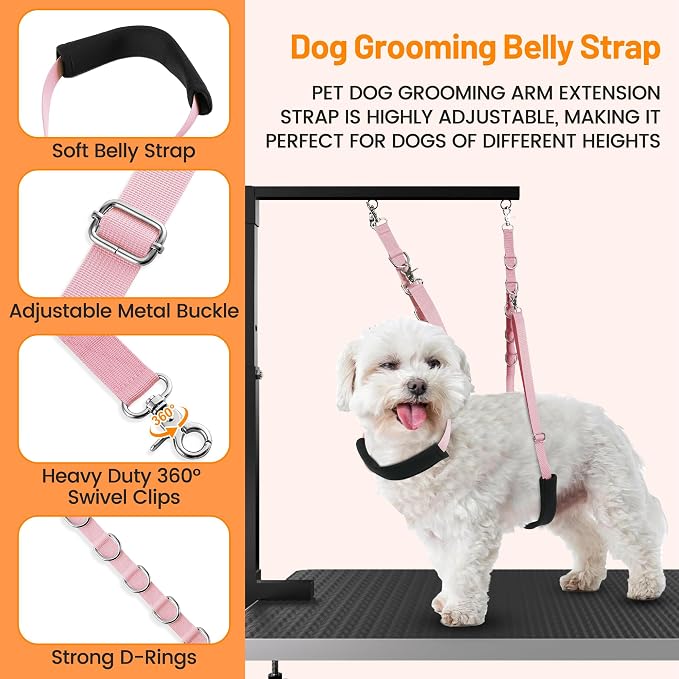 Dog Grooming Belly Strap - Dog Grooming Table Arm Extender with Clamp Extension Loop Bathing Restraint Leash No Sit Haunch Holder for Small & Medium Dogs Hair Cutting Washing (Pink)