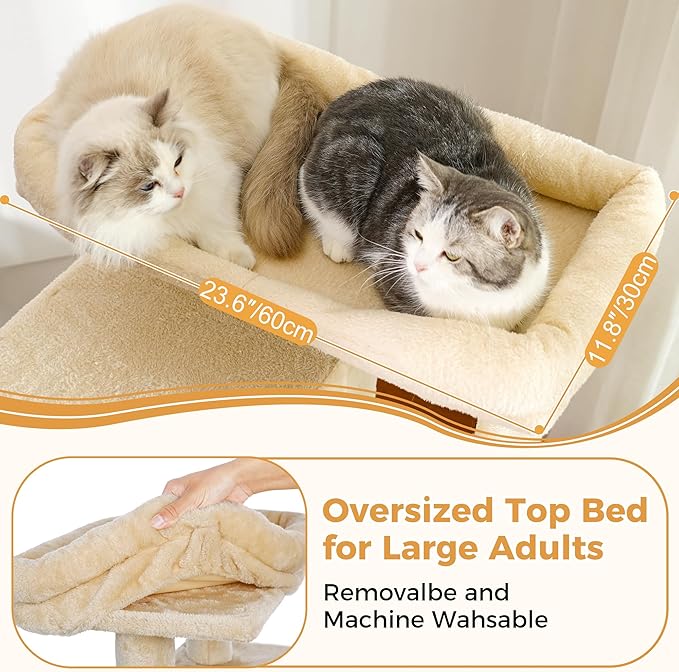 53” Cat Tree for Large Cats 20 lbs+,XL Cat Tower with Scratching Posts,Enlarge Top Bed 23.6”and 21.6”x15”Hammock, Oversized Condo House-XLarge Beige