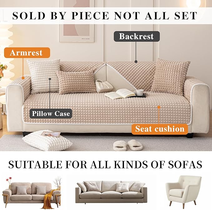 Velvet Couch Cover Sectional, Funny Fuzzy Pet Couch Covers for 2-3 Cushion Sofa, Plush Warm Sofa Covers for Pets Washable, Non-Slip Couchs Cover for Pets & Kids(1PC, Khaki, 35.4"×71")