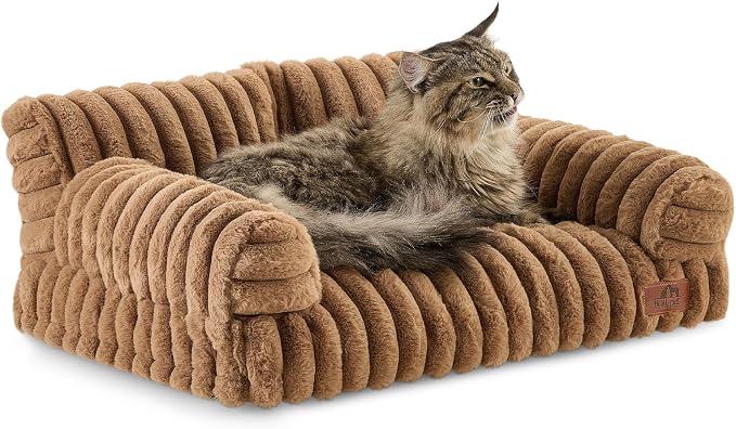 Hollypet Fluffy Dog Cat Bed Pet Couch Beds Plush Soft Warming Machine Washable Puppy Bed with Non-Slip Bottom for Cats and Small Medium Dogs up to 25 lbs, Brown, 24" L x 18" W x 10" Th