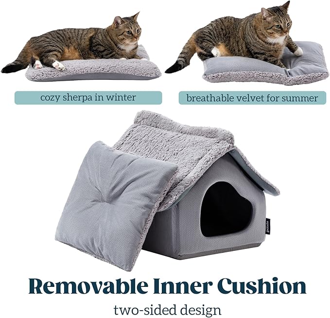 Pelzin Cat Houses for Indoor Cats - Large Cat Cave Bed with Removable Support Foam and Washable 2-Side Mat - Covered Cat Bed for Cat Hideaway - Enclosed Cat Hideout for Kitten and Small Pet, Grey