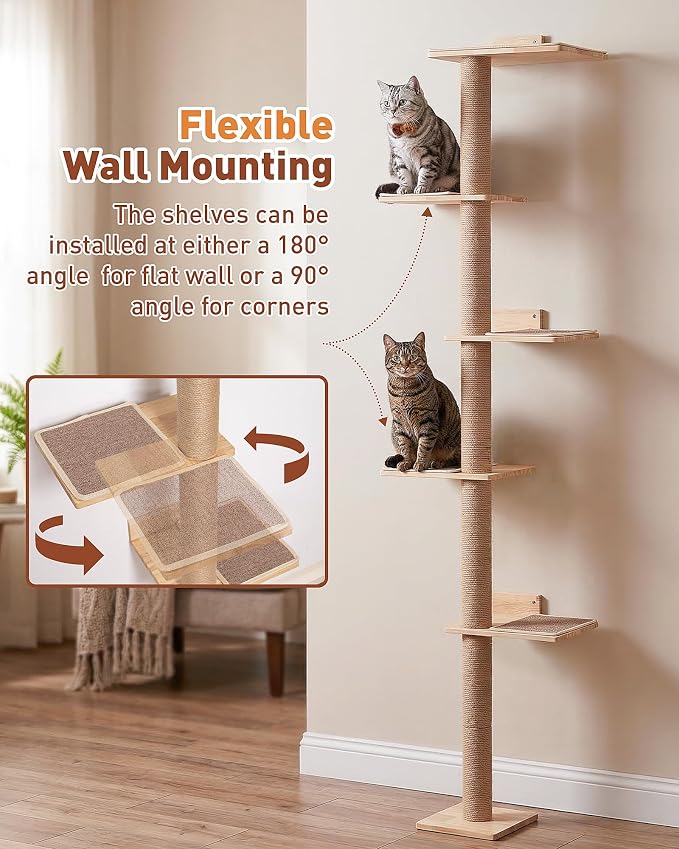 80.3" Tall Cat Tree for Wall, 5 Tier Floor to Ceiling Cat Tree, Adjustable Wall Mounted Cat Tree with 15.7" Top Perch Bed for Large Adult Cats