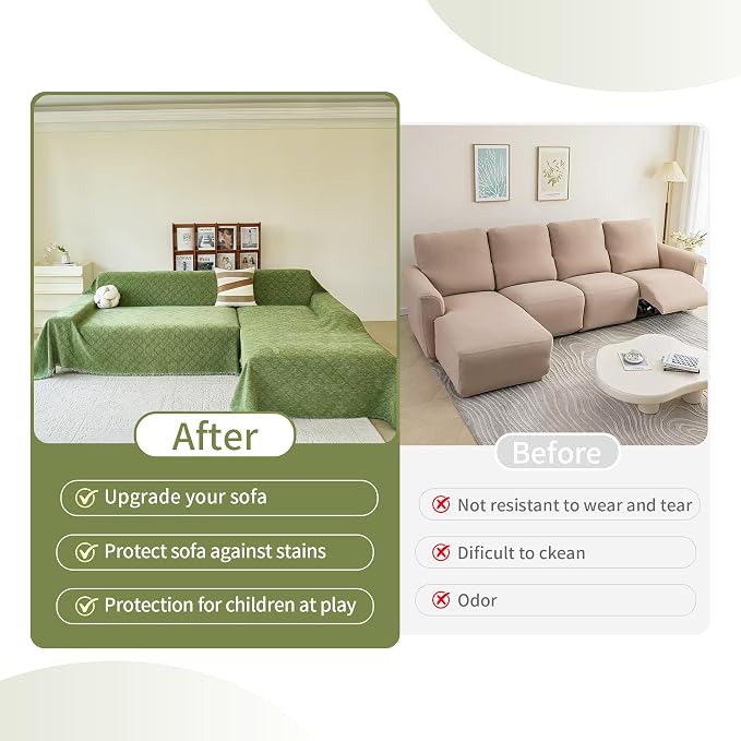 VANJOROY Green Oversized Couch Sofa Cover for 3-4 Cushion Sectional Sofa L-Shape -Washable Chenille Couch Cover for Dogs Pets, Boho Couch Cover Protector Soft Sofa Slipcovers with Tassel,91"x 150"
