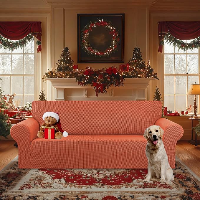 KEKUOU Stretch Oversized Sofa Slipcover 1 Piece Couch Sofa Cover (94"-110") Furniture Protector 4 Seater Sofa with Elastic Bottom for Kids,Pet.Jacquard Checked Pattern Fabric(X Large,Pureed Pumpkin)