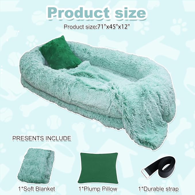 YAEM Human Dog Bed for Adult and Pets - 71"x45"x12" Dogs Beds for Humans with Washable Faux Fur Cover, Plump Pillow, Blanket, Orthopedic Design, Strap-GreenWhite