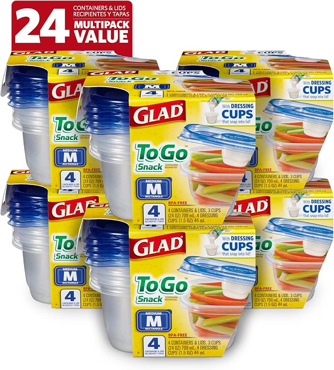 Glad GladWare To Go Snack Food Storage Containers with Lids, Medium Rectangle No BPA Plastic with Built-In Dressing Cup for Salads and Snacks, Microwave Dishwasher Safe, 24 Oz, 4 Count - 6 Pack