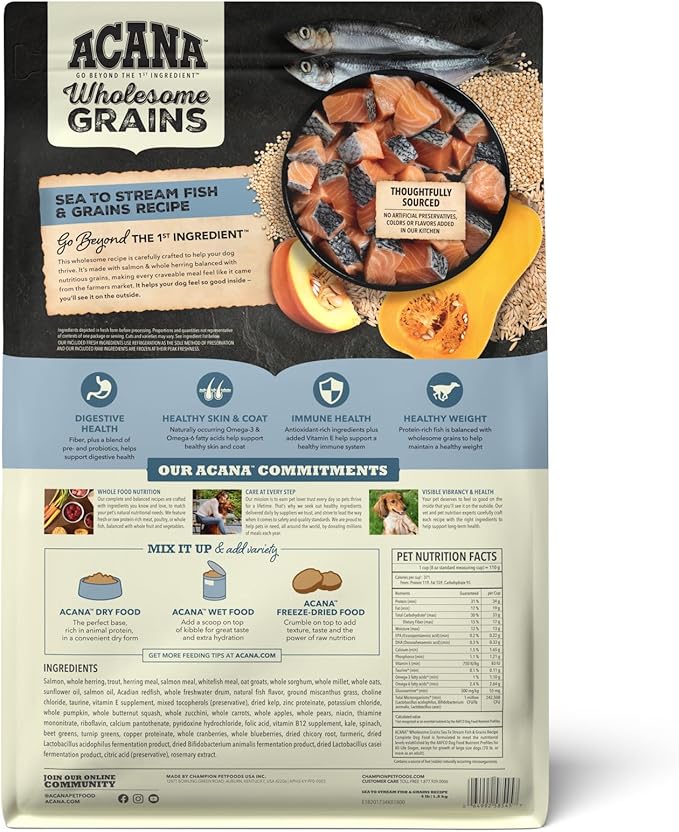 ACANA Wholesome Grains Dry Dog Food Sea to Stream Saltwater Fish Recipe 4lb Bag