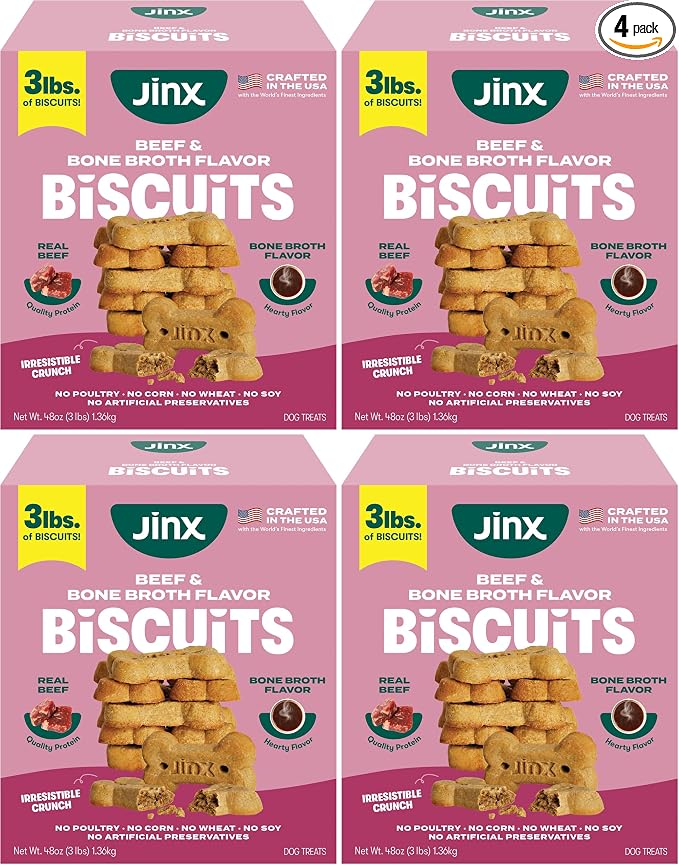 Jinx Oven-Baked Beef Bone Broth Biscuit Dog Treats - Crunchy, All Natural, Superfood-Rich with High-Protein Salmon, Dog Biscuits for Puppies, Adults & Seniors - 3LB (Pack of 4)