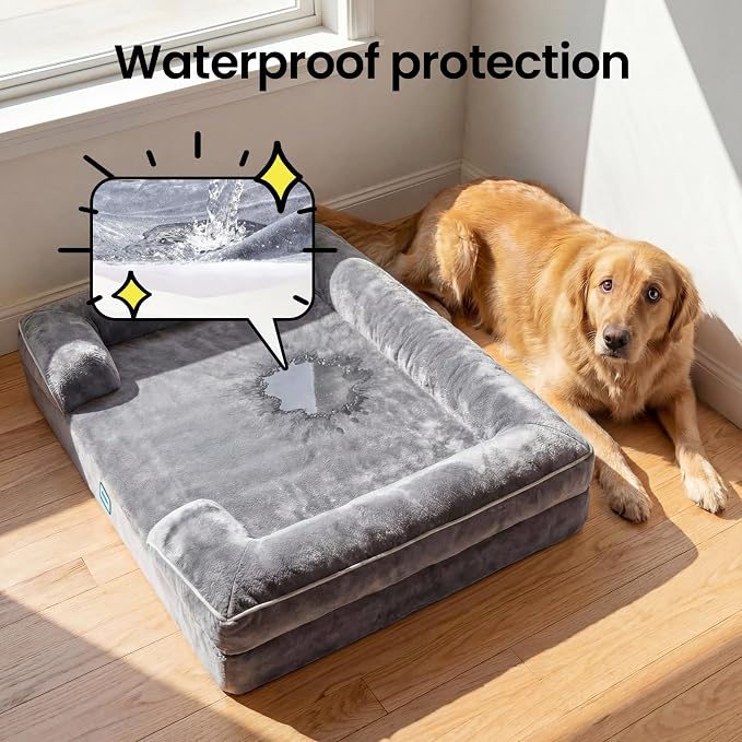 OhGeni Orthopedic Dog Bed Couch Big Cat Sofa for Extra Large Sized Pets with Memory Foam, Machine-Washable Waterproof Removable Cover, Soft Comfortable Fabric, 41-inch (Gray)