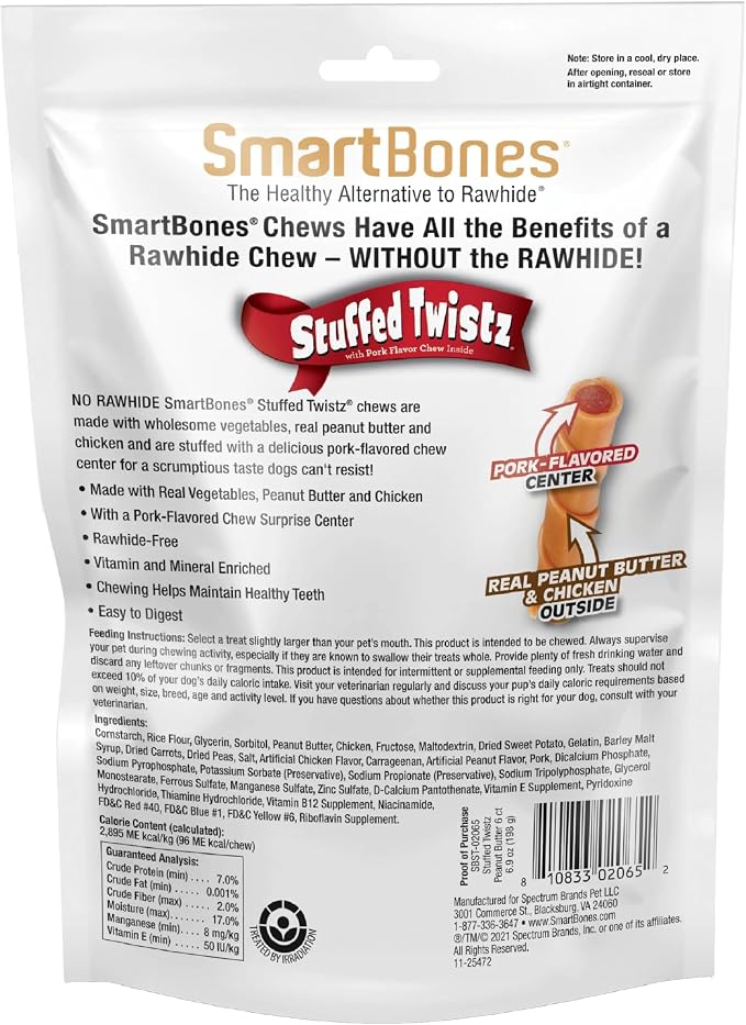 SmartBones Stuffed Twistz with Peanut Butter, Rawhide-Free Chews for Dogs Stuffed with Pork Flavor, 6 Twistz