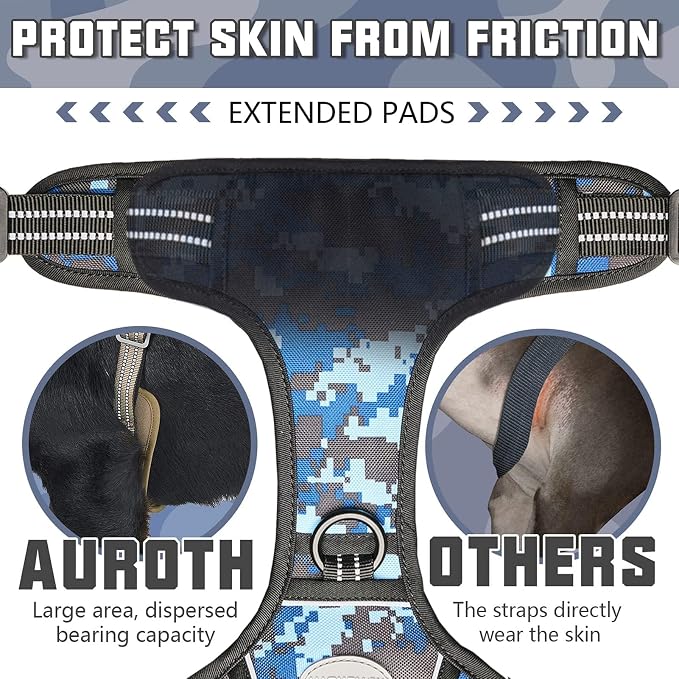 Auroth Tactical Dog Training Harness No Pulling Front Clip Leash Adhesion Reflective K9 Pet Working Vest Easy Control for Small Medium Large Dogs Blue Camo L