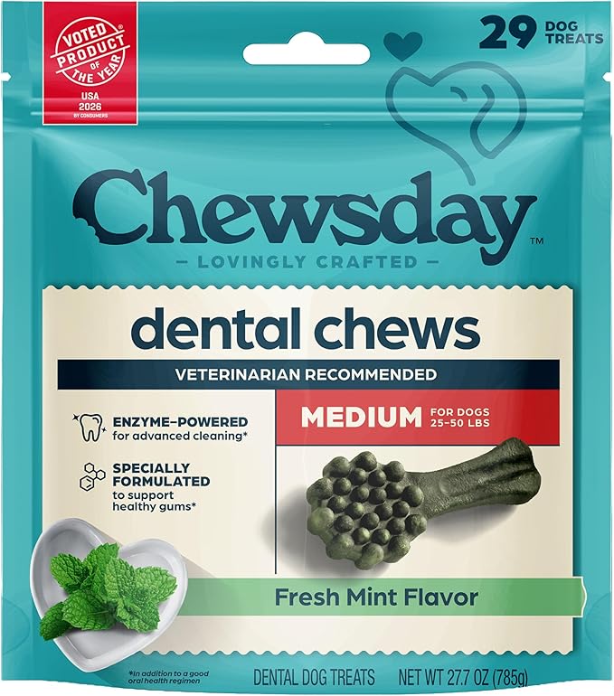 Chewsday Fresh Mint Flavor Dental Chews, Medium Dog Treats, Healthier Teeth and Fresher Breath, Enzyme Powered for Advanced Cleaning, Made in the USA, 29 Count