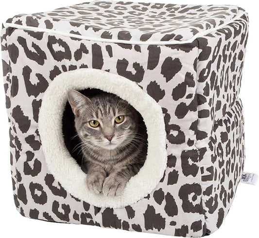 Cat House - Indoor Bed with Removable Foam Cushion - Cat Cave for Puppies, Rabbits, Guinea Pigs, and Other Small Animals by PETMAKER (Animal Print)