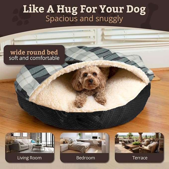 Snoozer Cozy Cave Dog Bed - Indoor Dog Bed with Cover Cave, Covered Calming Burrow for Small & Medium Sized Pets with Blanket Attached, Enclosed, Removable Washable Cover -Large, Barkley Black Diamond