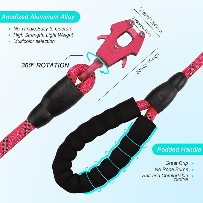 GEIT 2/4/5/6FT Dog Leash, Heavy Duty Rope Leashes, Reflective Nylon Pet Lead with Aluminum Quick Release/Locking Tactical Frog Clip for Small Medium and Large Dogs, Red, 1/2 inch