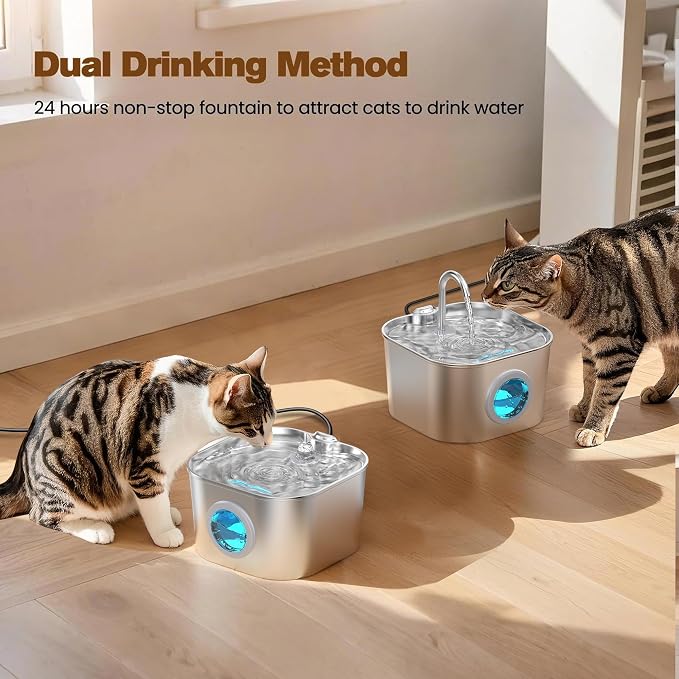 Stainless Steel Cat Water Fountain: 108oz/3.2L Pet Water Fountains Cat Watering Fountain Indoor Automatic Waterer Dispenser for Drinking Small Dogs Water Bowl Metal Kitty Faucet Watering Supplies