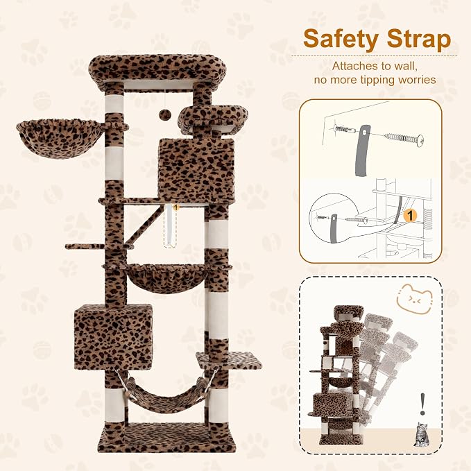 Heybly Cat Tree, 71-Inch-Tall Tower for Indoor Cats with 2 Perches, 2 Big Condos, 2 Hammocks, Basket, Scratching Pad, Large Cat Furniture and Condo, Leopard Print HCT034BW