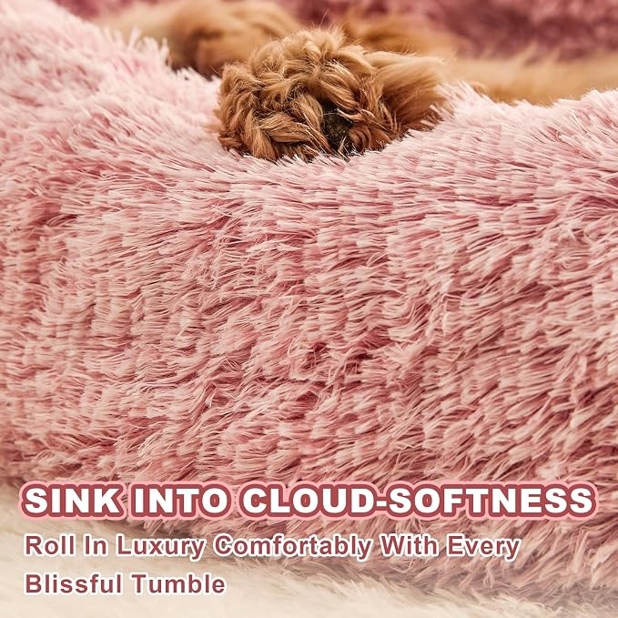 Jiupety Paw Shape Calming Pet Bed, Medium Plush Faux Fur Donut Bed for Dogs & Cats, Machine Washable, Non-Slip Bottom, Extra Large Size (32"×32"×10"), Pink