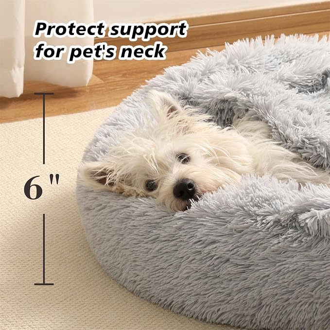 Calming Donut Dog Bed with Hooded Blanket – Plush Fluffy Cave Bed for Small & Medium Dogs, Machine Washable Anti-Anxiety Pet Bed for Cats