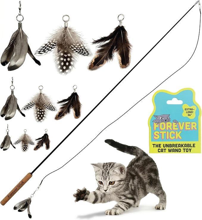 Forever Stick and 9 Cat Feather Toy Refills - The Unbreakable Cat Wand Toy, Durable Cat Toy Wand, Extra Long Cat String Toy, Cat Fishing Pole Toy for Bored Indoor Adult Cats, Cat Stick Toy