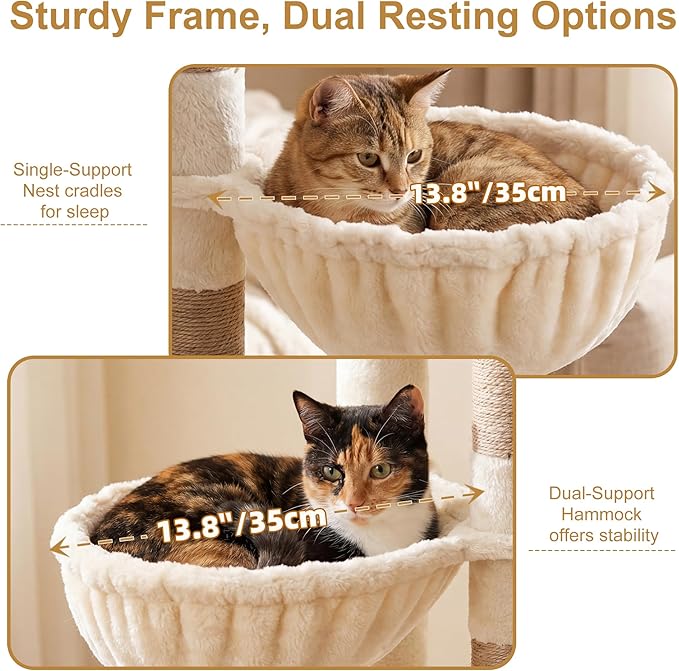 Heybly 68.1" Cat Tree with Oversized Top Platform & Wide Base, Heavy Duty Cat Tower for Large Indoor Cats with 2 Condos, 2 Hammocks, 10 Sisal Scratching Posts, Stable Cat House, Beige HCT059MJ