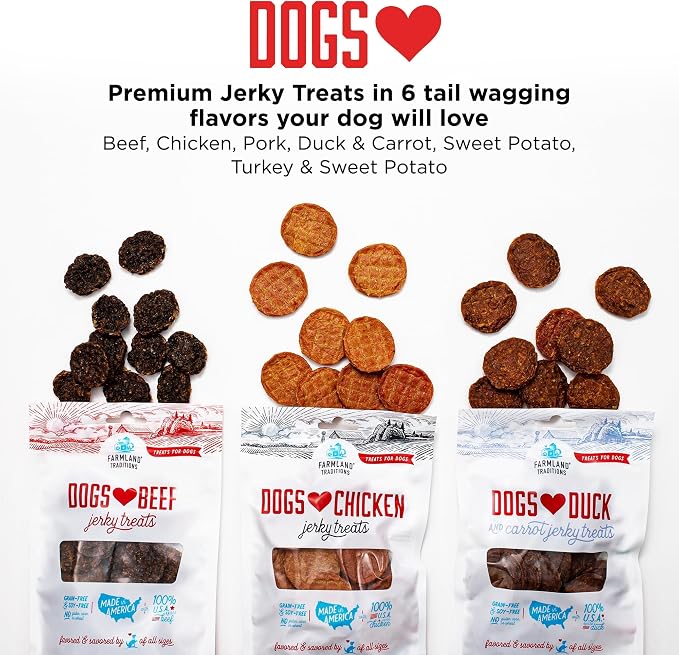 Farmland Traditions Dogs Love Chicken Jerky Dog Treats, Premium Two-Ingredient Dog Jerky with USA-Raised, Human-Grade Chicken & No Antibiotics Ever, 1 Pound (Pack of 2) Bag.