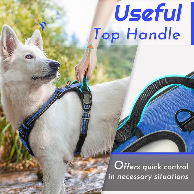 Eagloo Dog Harness for Large Dogs, No Pull Service Vest with Reflective Strips and Control Handle, Adjustable and Comfortable for Walking, No Choke Pet Harness with 2 Metal Rings, Blue, L