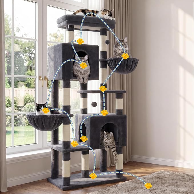 Heybly 68.1" Cat Tree with Oversized Top Platform & Wide Base, Heavy Duty Cat Tower for Large Indoor Cats with 2 Condos, 2 Hammocks, 10 Sisal Scratching Posts, Stable Cat House, Smoky Gray HCT059G