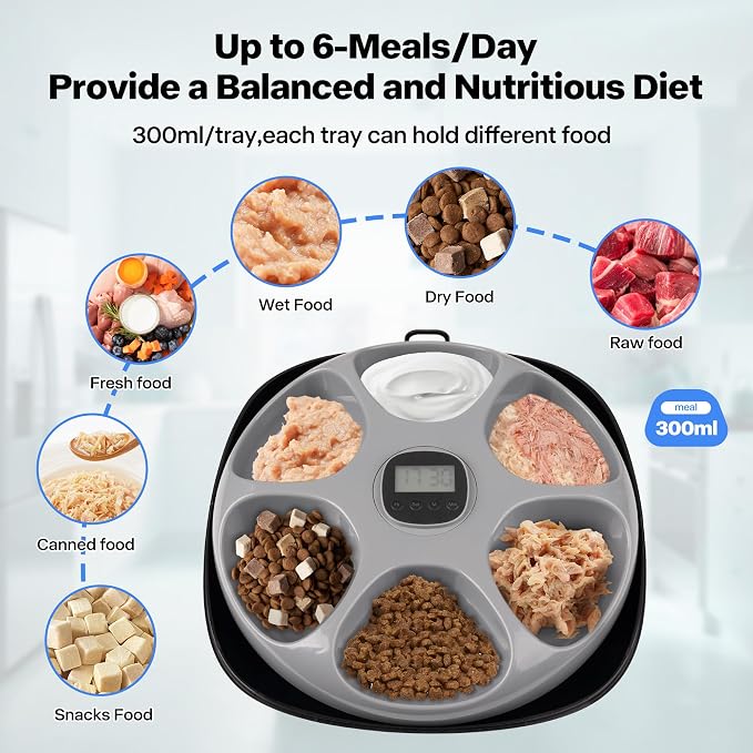 PetPrime 6-Meal Automatic Cat Feeder with Two Ice Packs,Cordless Rechargeable Cat Food Dispenser for Cats and Small Dogs Wet Food Auto Pet Feeder Black