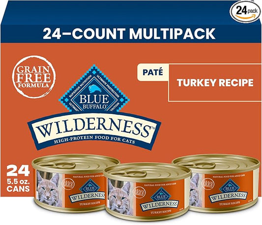 Blue Buffalo Wilderness Turkey Paté Adult Wet Cat Food, High-Protein & Grain-Free Recipe Enhanced with Vitamins, Minerals, and Other Nutrients, 5.5-oz. Cans (24 Count)