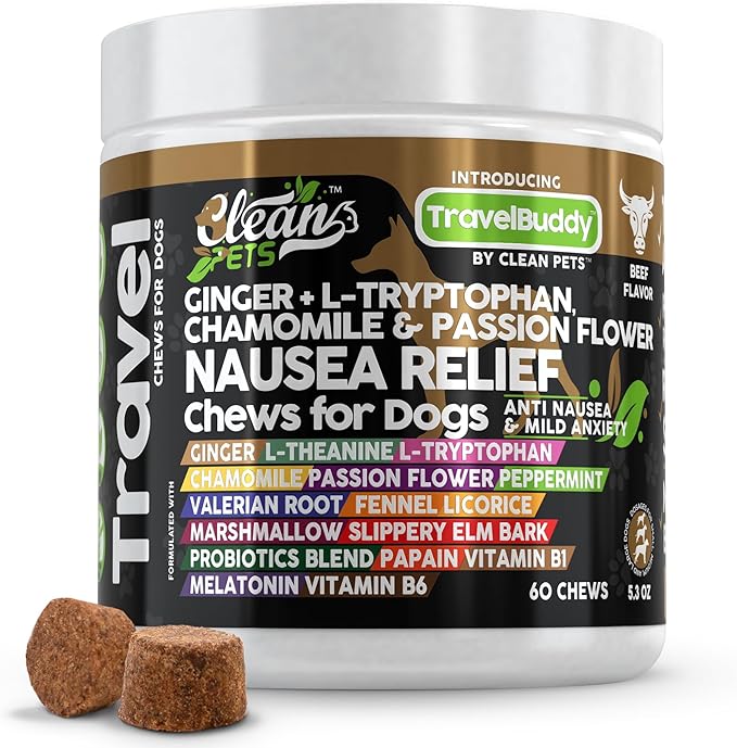 Clean Pets Travel Chews Nausea Relief for Dogs | Ginger L-Tryptophan Chamomile Passion Flower L-Theanine Peppermint Valerian Root Fennel Licorice Root Marshmallow Root Slippery Elm Melatonin Chew