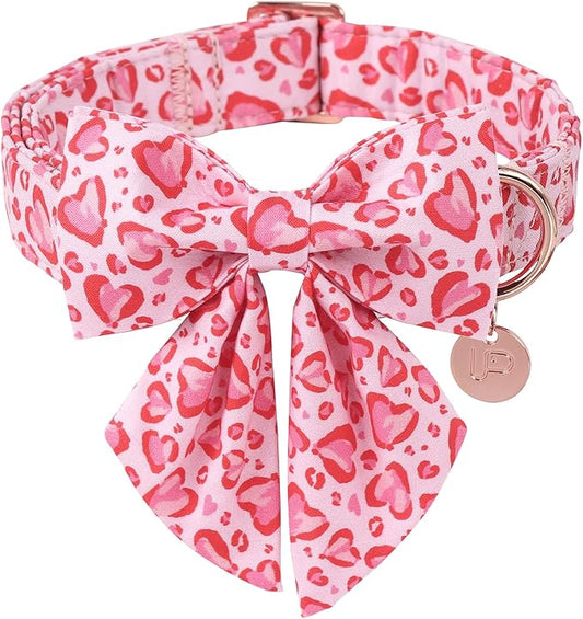 Valentine’s Day Dog Collar with Bow Tie, Pink Heart Bowtie Collar with Metal Buckle, Valentine’s Day Gift Pet Collar for Puppy Girl Boy Dog or Cat, Wedding Dog Collar,XL, Neck 16-26in