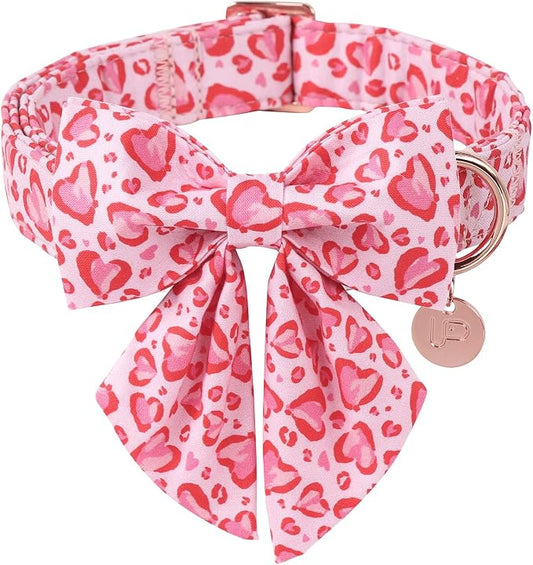 Valentine’s Day Dog Collar with Bow Tie, Pink Heart Bowtie Collar with Metal Buckle, Valentine’s Day Gift Pet Collar for Puppy Girl Boy Dog or Cat, Wedding Dog Collar, M, Neck 13.5-22in