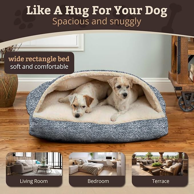 Snoozer Rectangle Cozy Cave Dog Bed - Indoor Dog Bed with Cover Cave, Covered Calming Burrow for Large Sized Pets with Blanket Attached, Enclosed, Washable Cover - XL, Palmer Indigo