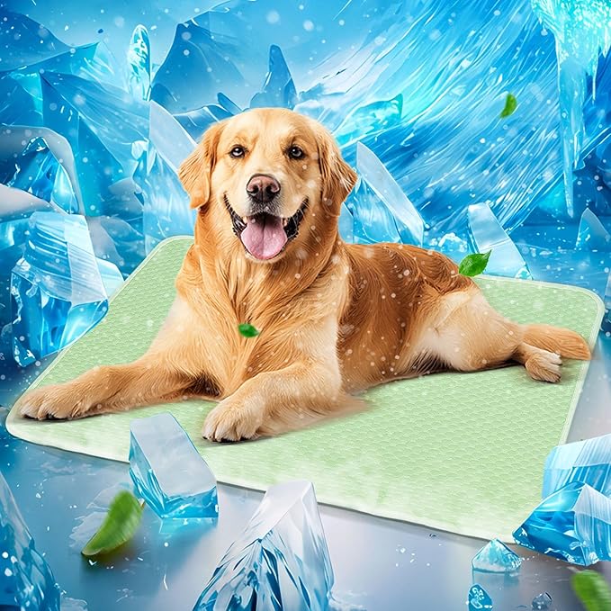 Mora Pets Dog Cooling Mat Instant Self Cooling Pad for Dogs & Cats Breathable Washable Summer Pet Cool Mat Indoor Outdoor, Puppy Cold Blanket for Floor Crate Car Travel Use Medium 36'' x 27'' Green