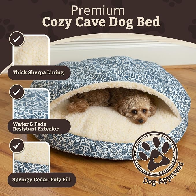 Snoozer Cozy Cave Dog Bed - Indoor Dog Bed with Cover Cave, Covered Calming Burrow for Small Sized Pets with Blanket Attached, Enclosed, Removable Washable Cover - Small, Ramey Oxford