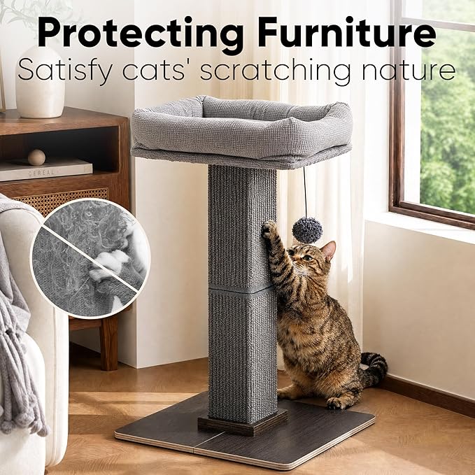 FUKUMARU Cat Scratching Post, Modern Style Tall Scratch Posts with Perch for Indoor Cats Adults, Large Cat Scratcher Tower with Bed, Small Tree with Raised Stand, Natural Sisal & Solid Wood