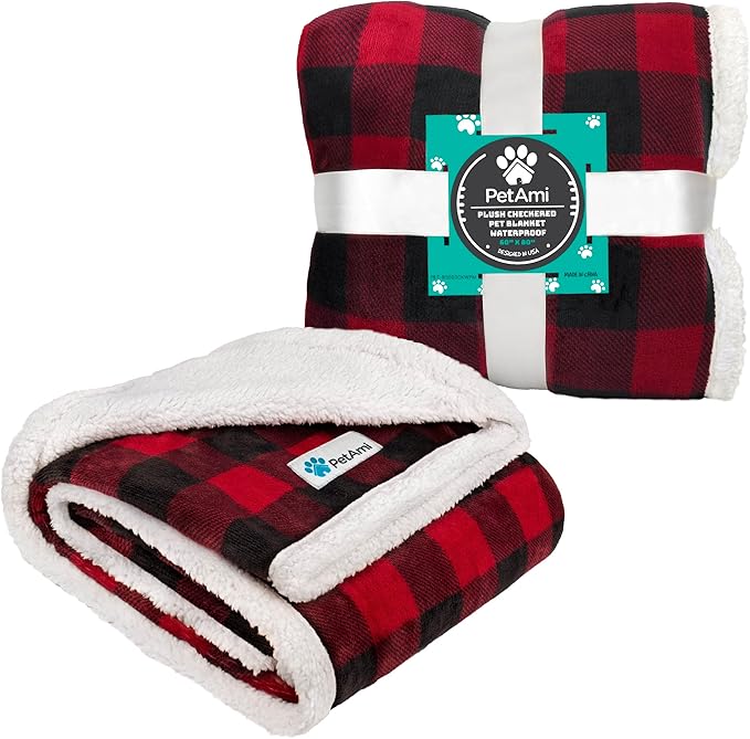 PetAmi Waterproof Dog Blanket for Couch, Pee Proof Fleece Reversible Pet Throw, Furniture Protector for Bed Sofa Kennel, Soft Washable Cover for Small Medium Dog Puppy Cat, 29x40 Plaid Red