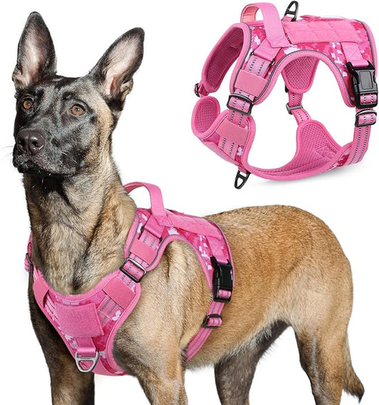 rabbitgoo Tactical Dog Harness for Large Dogs, No Pull Military Service Vest with Handle & Molle, Easy Control for Training Walking, Adjustable Reflective Straps, Black & Rose Red, S