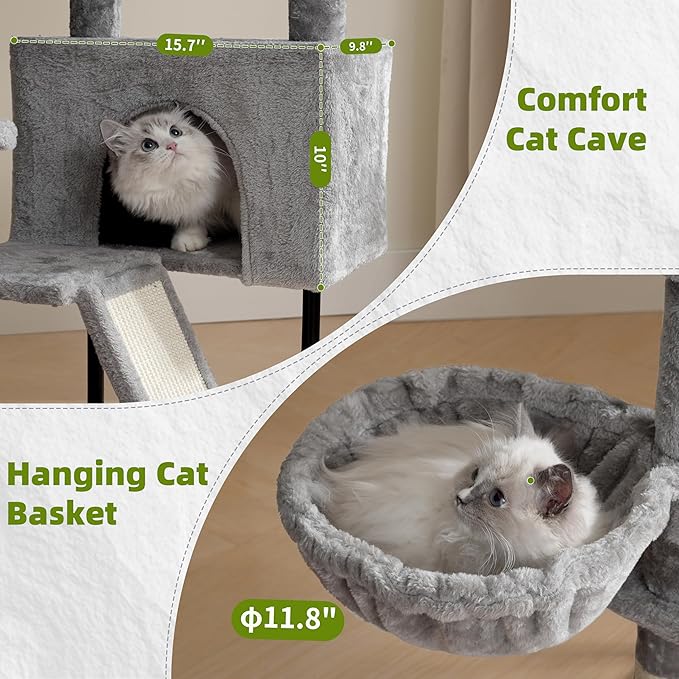 Gitelsnour Cat Tree for Indoor Cats, Cat Tower with Scratching Post for Small Cats and Kittens, Cat House with Removable Top Platform and Fluffy Balls, Hanging Cat Basket, Light Gray GCT006SW