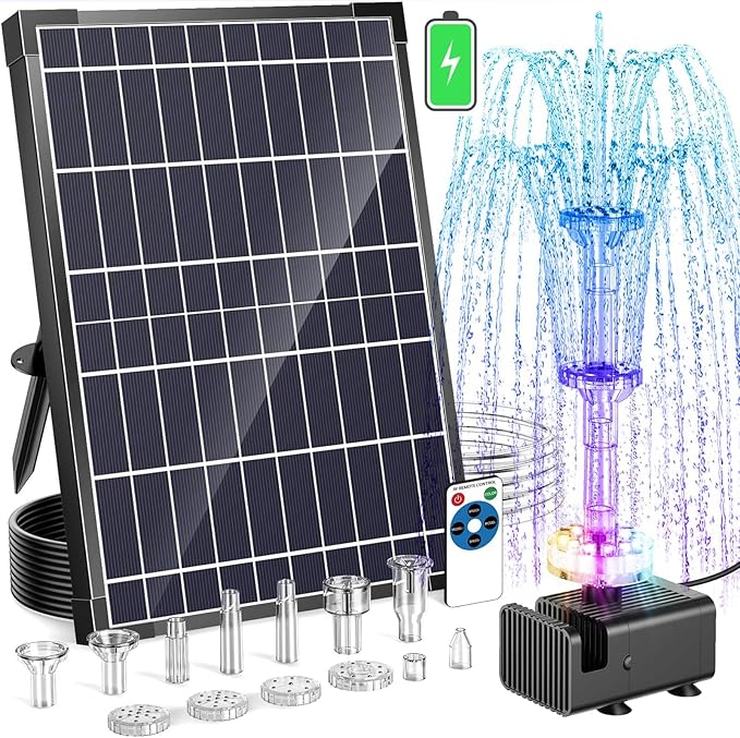 Antfraer 12W Solar Fountain Pump with 4200mAh Battery Backup& Remote RGB LED Lights, Floating Solar Water Fountain with 8 Nozzles & PVC Tubing for Bird Bath, Garden, Backyard, Outdoor Water Feature